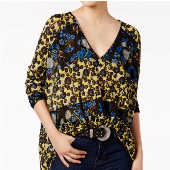 Free People Isabelle black blue yellow floral sheer v neck tunic top size Small - Picture 1 of 16